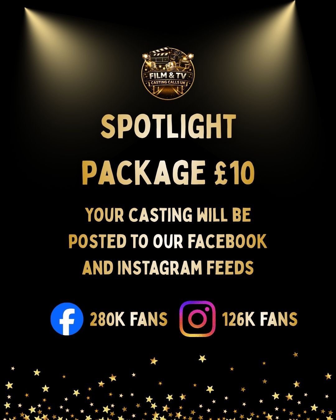 Promotional graphic for a 'Spotlight Package' with text and social media icons on a black background.