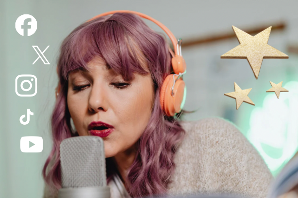 Woman sings into a microphone